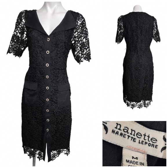 Nanette Lepore Dresses & Skirts - Nanette Lepore Dress M Black crochet Button Sheath fall Audrey Hepburn style